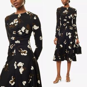 Erdem Floral-Pattern Draped Stretch-Jersey Midi Dress Sz 10